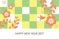 カラフルな色使いや格子柄、梅の花と葉のイラストの組み合わせが印象的なデザインの年賀状♪空を飛ぶ鳥のシルエットがポイントです！色の組み合わせを2パターンご用意しました。黄×オレンジ×黄緑は元気なイメージ、黄×水色×紫はモダンな雰囲気が漂います。お好きな方をお選びくださいね。