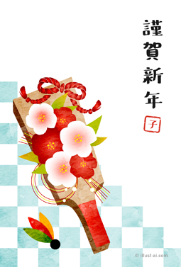 椿の花飾り羽子板とさわやかな水色の市松模様 年賀状 辰年 2020 かわいい 無料 イラスト